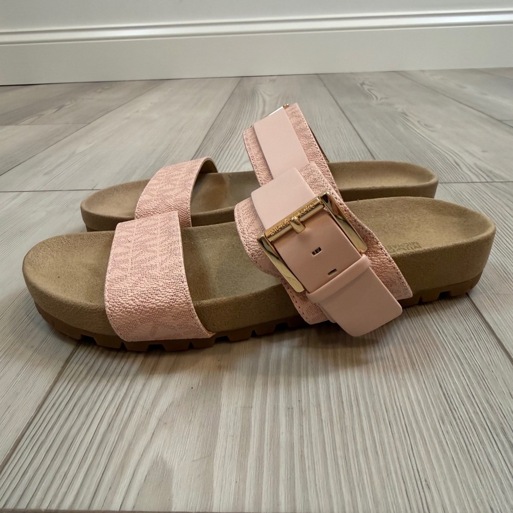 NEW Michael Kors Pink MK Logo Buckle Slide Sandals Mylah Leather Sandal 6.5M - Picture 1 of 8